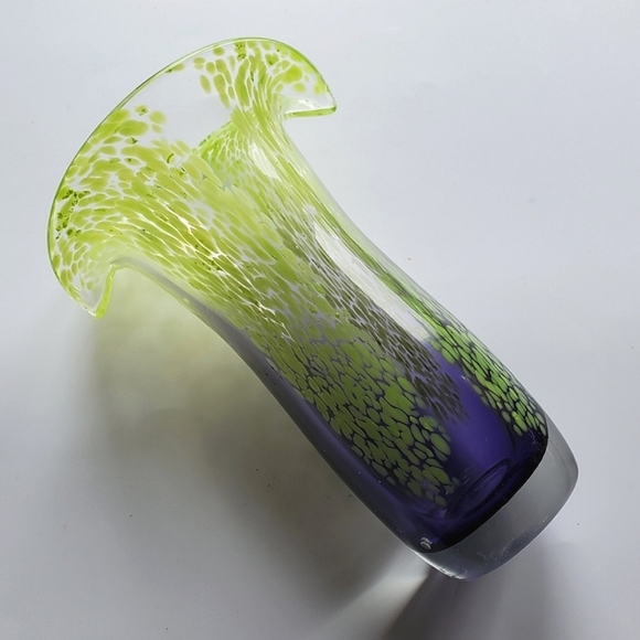 Vntg Murano Style Art Glass 7 1/2" Lime Green Clear Indigo Purple Vase - Picture 6 of 13